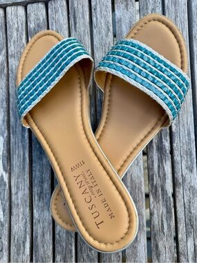 Tuscany Leather Teal Slide Sandals — Teal & Tan Women's Slides